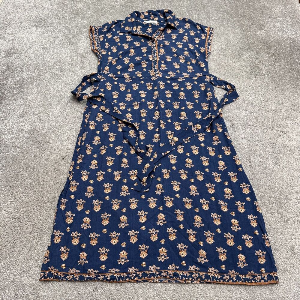Lucky Brand Floral Belted Boho Midi Shirt Dress Womens M Blue Collared Pockets